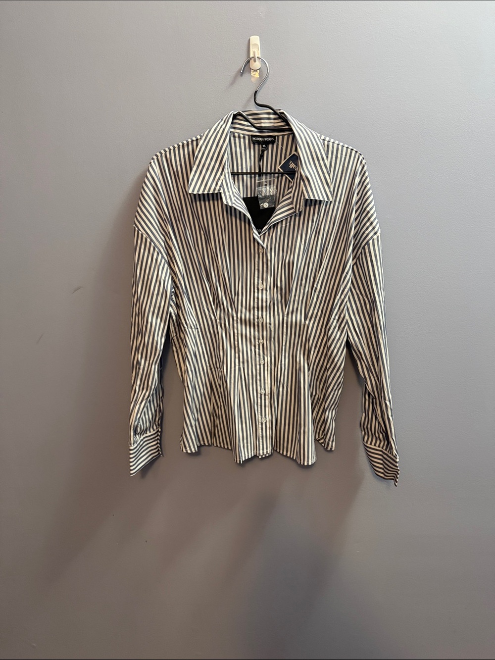 Studio Works Black and White Vertical Stripe Button-Down Shirt